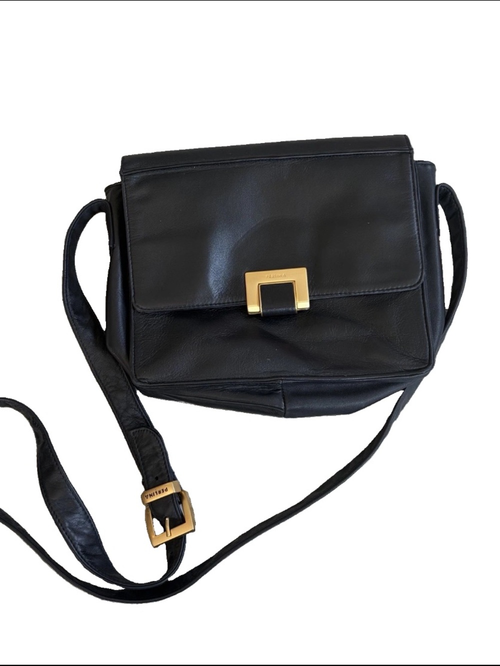 Perlina black crossbody bag with adjustable strap gold hardware